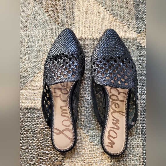 Sam Edelman 7.5 Black Woven Leather Slip On Flat Slide Mules Shoes - Picture 2 of 5
